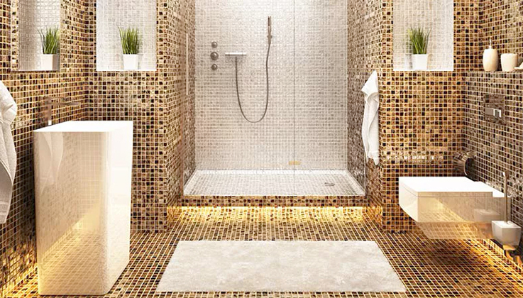 Современная ванна с плиткой-мозаикой